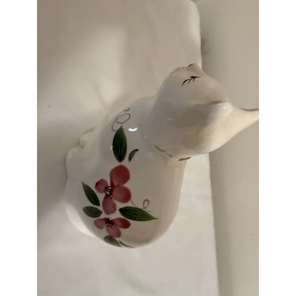 Cat Kitten Figurine White‎ Cat Painted Flowers Side Ceramic Hand Painted